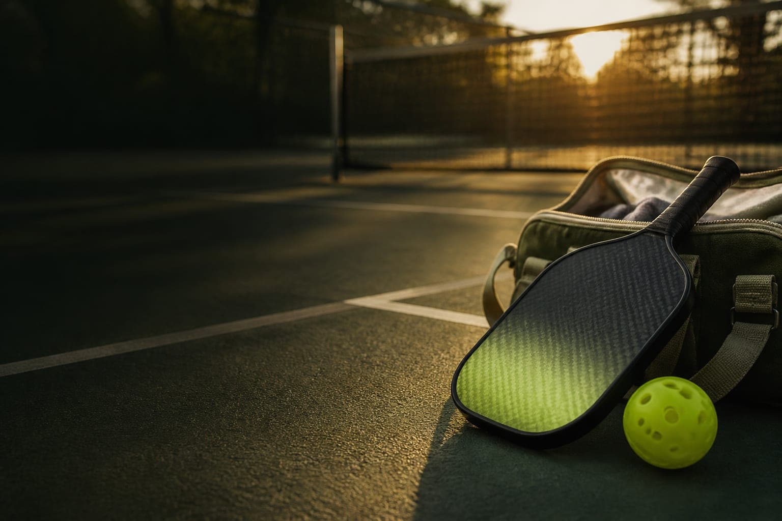 Pickleball paddle and bag on a sunlit outdoor court — PaddleBag paddle organizer